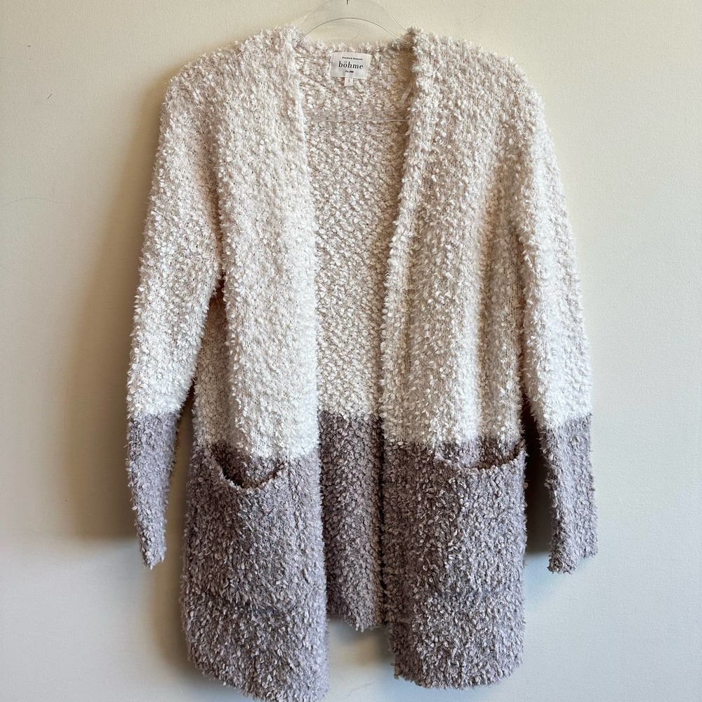 BOHME Plush Cozy Open Cardigan Cream and Grey Colorblock Pockets Size Small